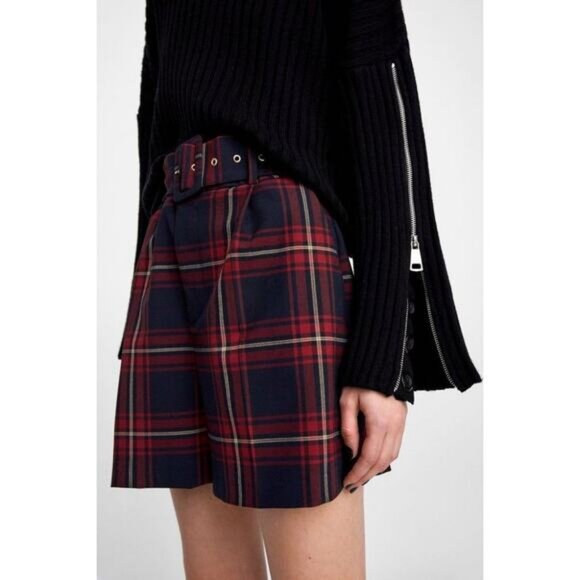 NWT ZARA Plaid Belted Shorts Size XS Red Blue - Picture 2 of 9